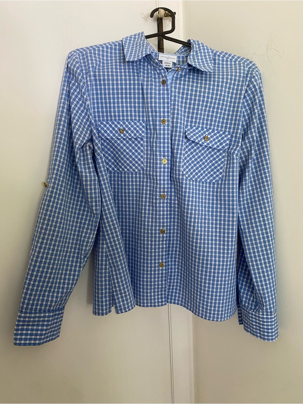 Cottagecore Farmcore Blue Gingham Checkered Button Up Long Sleeve Shirt Medium